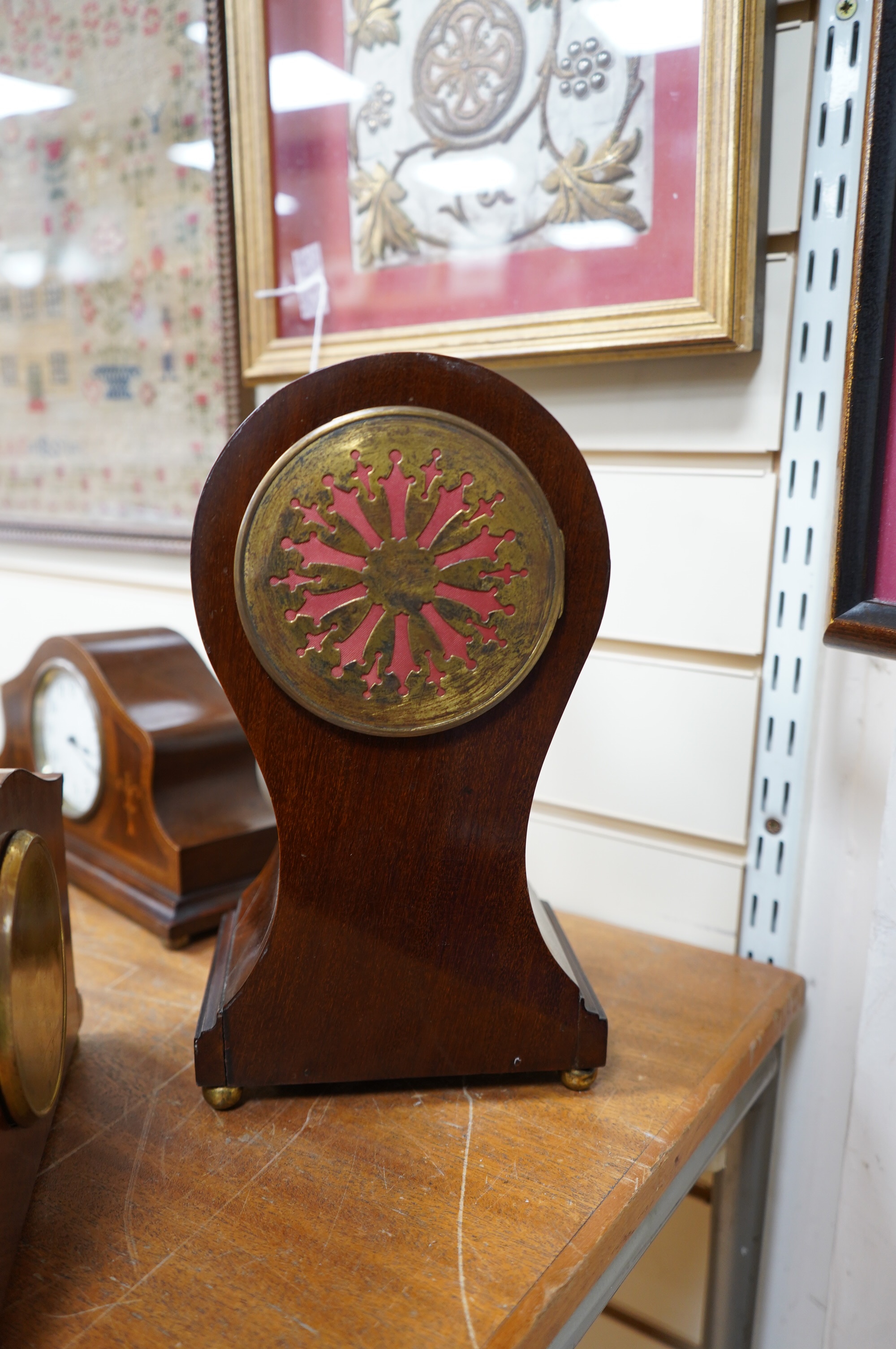 Sundry items to include four Edwardian inlaid mantel clocks, a barometer and a skeleton clock (7). Condition - mostly fair, untested